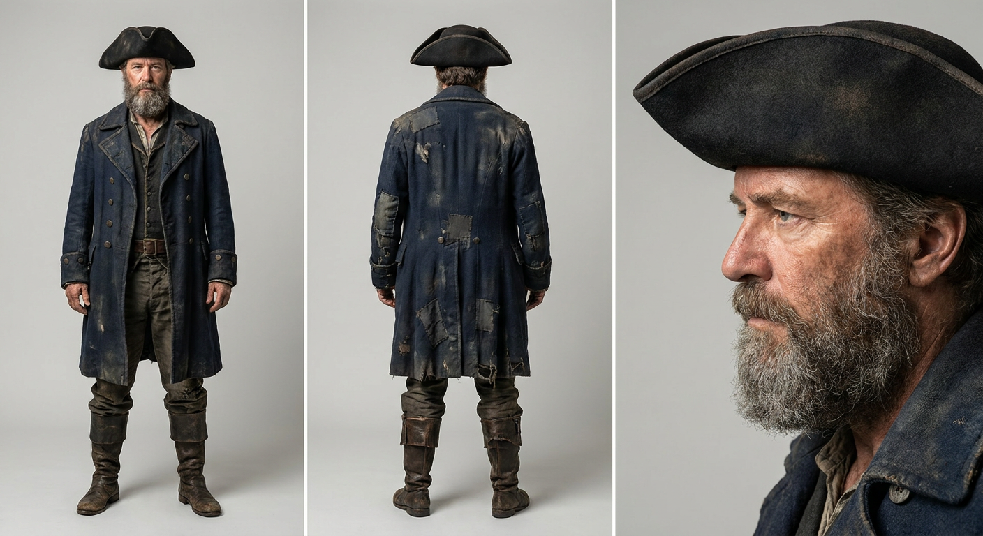 Captain Blackwood — A grizzled English privateer with a tricorn hat, salt-and-pe