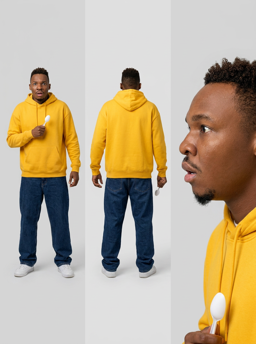 Eduardo — A startled teenager wearing a modern yellow hoodie and baggy jeans, cl